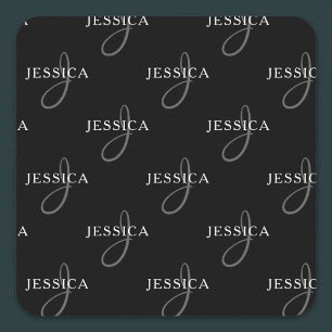 Elegant Name & Monogram Black, White & Grey Square Sticker