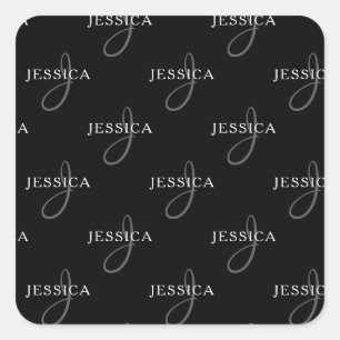 Elegant Name & Monogram   Black, White & Grey Square Sticker