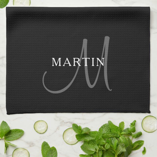 Elegant Name Monogram | Black White & Grey Tea Towel (Folded)