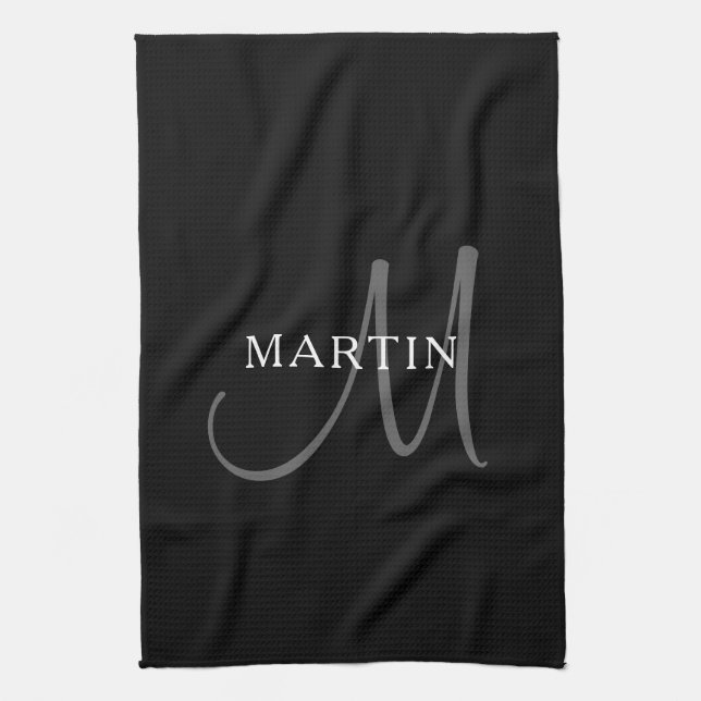 Elegant Name Monogram | Black White & Grey Tea Towel (Vertical)