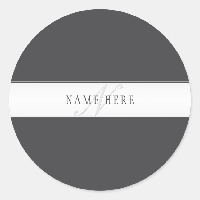 Elegant Name & Monogram | Dark & Light Grey  Classic Round Sticker (Front)