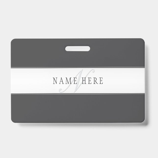 Elegant Name & Monogram | Dark & Light Grey  ID Badge (Front)
