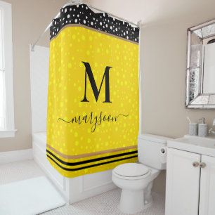 Elegant Name & Monogram, Luxury Black & Gold Shower Curtain