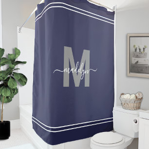 Elegant Name Monogram Navy Blue Shower Curtain