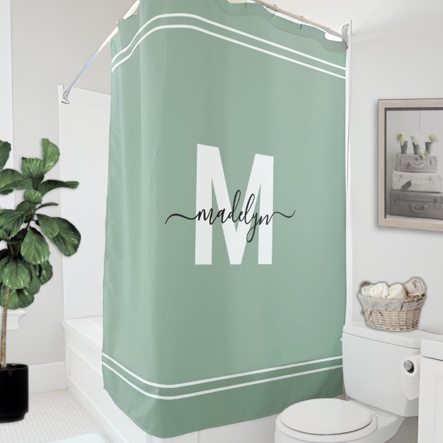 Elegant Name Monogram Sage Green Shower Curtain (Elegant Name Monogram Sage Green Shower Curtain)