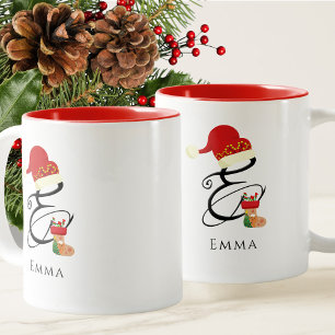 Elegant Name Monogram Script Letter E Christmas Two-Tone Coffee Mug