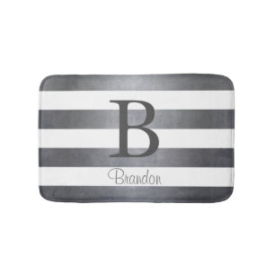 Elegant name monogram striped Grey Bath Mat