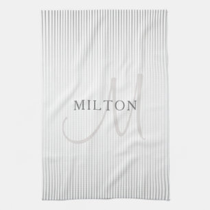 Elegant Name Monogram & Thin Grey Ombre Stripes Tea Towel