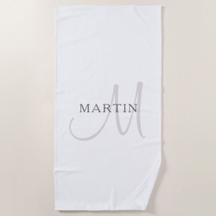 Elegant Name Monogram White & Grey Beach Towel