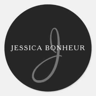 Elegant Name Monogram   White & Grey  Classic Round Sticker
