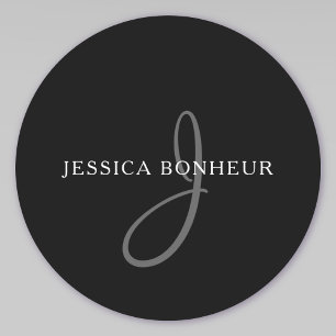 Elegant Name Monogram White & Grey Classic Round Sticker