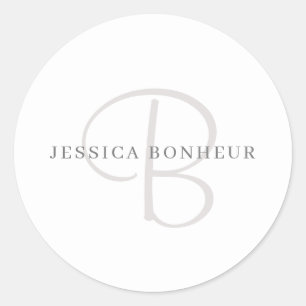 Elegant Name Monogram   White & Grey Classic Round Sticker