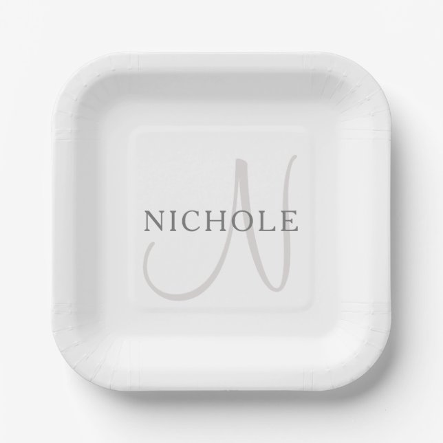 Elegant Name Monogram | White & Grey Paper Plate (Front)
