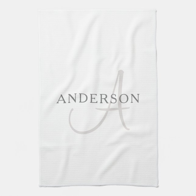 Elegant Name Monogram | White & Grey Tea Towel (Vertical)