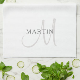 Elegant Name Monogram White & Grey Tea Towel