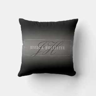 Elegant Name & Monogrammed Initials   Black & Grey Cushion