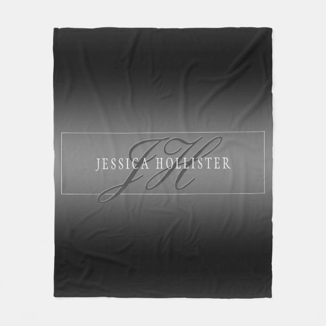 Elegant Name & Monogrammed Initials | Black & Grey Fleece Blanket (Front)