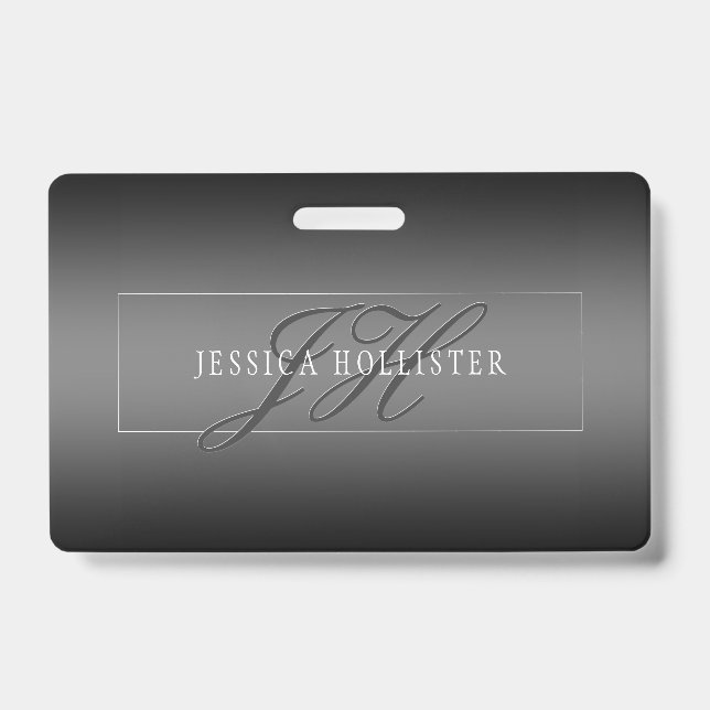 Elegant Name & Monogrammed Initials | Black & Grey ID Badge (Front)
