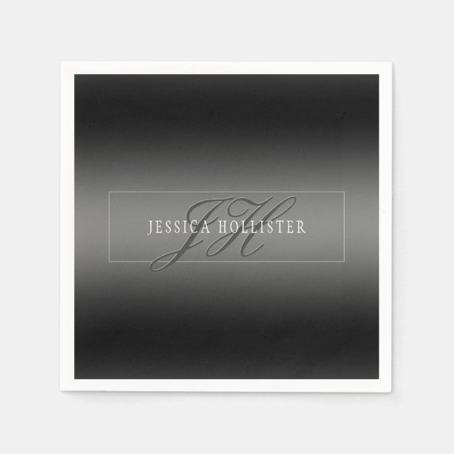 Elegant Name & Monogrammed Initials | Black & Grey Napkin (Front)