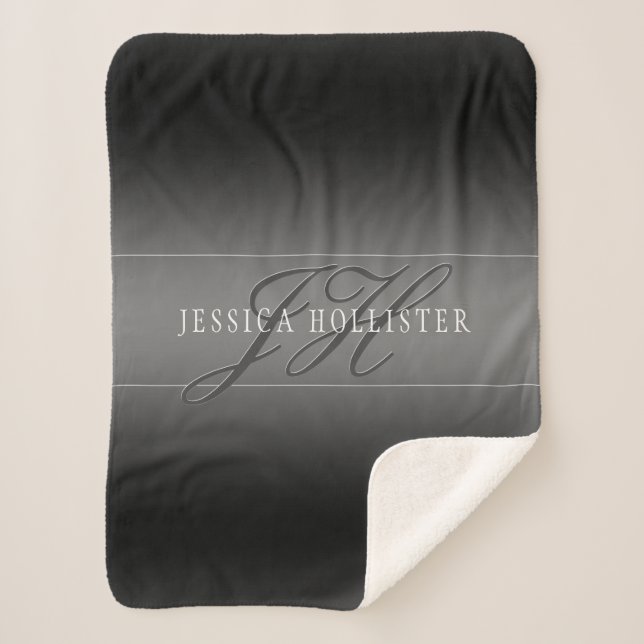 Elegant Name & Monogrammed Initials | Black & Grey Sherpa Blanket (Front)