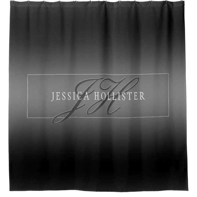 Elegant Name & Monogrammed Initials | Black & Grey Shower Curtain (Front)