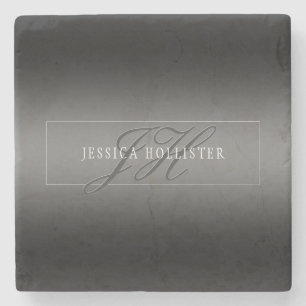 Elegant Name & Monogrammed Initials   Black & Grey Stone Coaster