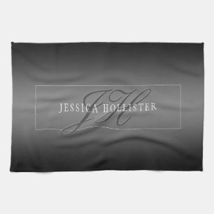 Elegant Name & Monogrammed Initials   Black & Grey Tea Towel