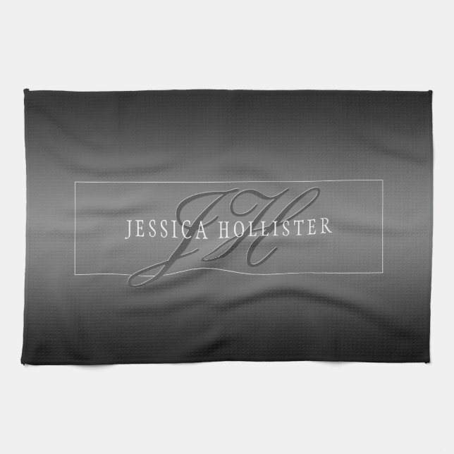 Elegant Name & Monogrammed Initials | Black & Grey Tea Towel (Horizontal)