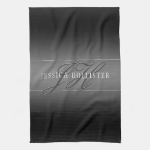 Elegant Name & Monogrammed Initials   Black & Grey Tea Towel