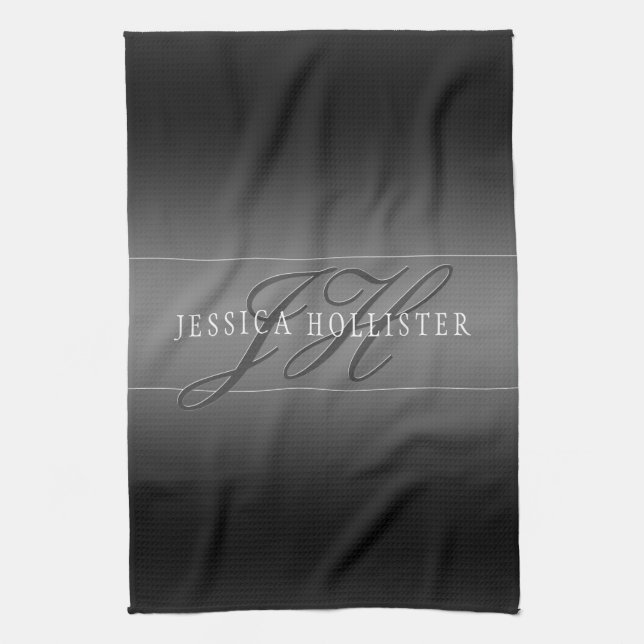 Elegant Name & Monogrammed Initials | Black & Grey Tea Towel (Vertical)