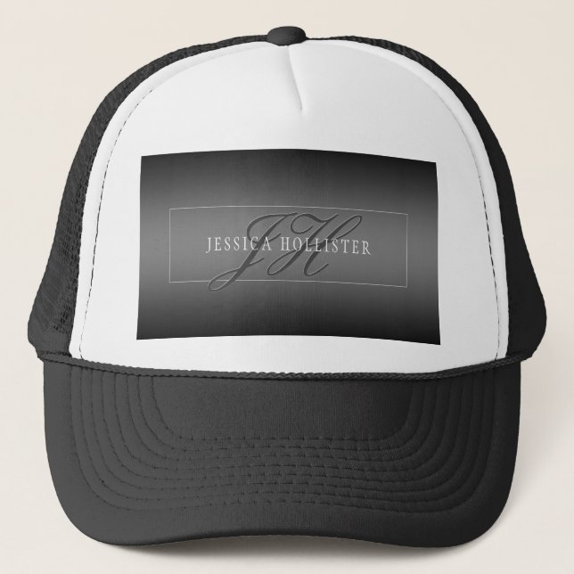 Elegant Name & Monogrammed Initials | Black & Grey Trucker Hat (Front)