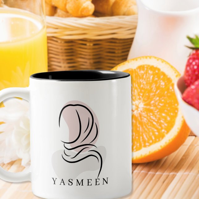 Elegant Name Mug: Minimalist Hijab Line Art,  Two-Tone Coffee Mug (Creator Uploaded)