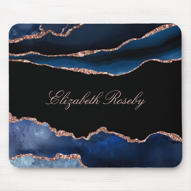 Elegant Name Navy Blue Rose Gold Agate Black Mouse Pad (Front)