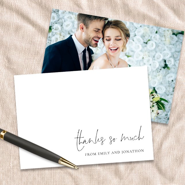 Elegant Name Script Photo Wedding Thank You  Card (Front and back view)