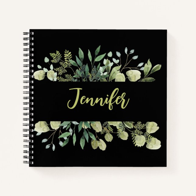 Elegant named botanical frame leaves black notebook (Front)