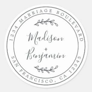 Elegant Names Black White Wedding Return Address Classic Round Sticker