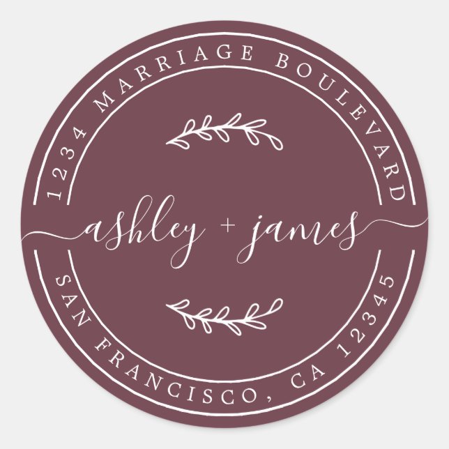 Elegant Names Burgundy Wedding Return Address Classic Round Sticker (Front)