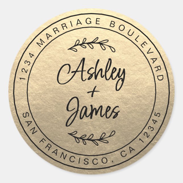 Elegant Names Gold Wedding Return Address Classic Round Sticker (Front)