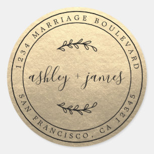 Elegant Names Gold Wedding Return Address Classic Round Sticker