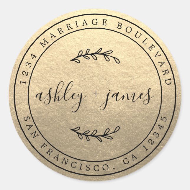 Elegant Names Gold Wedding Return Address Classic Round Sticker (Front)