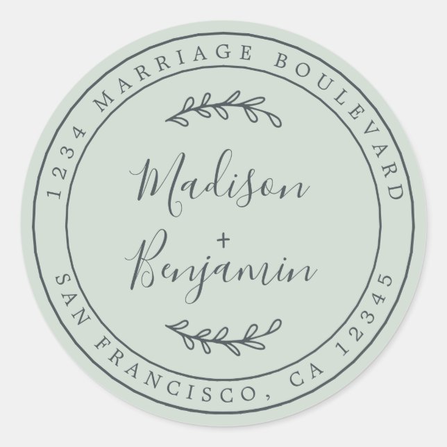 Elegant Names Green Wedding Return Address Classic Round Sticker (Front)