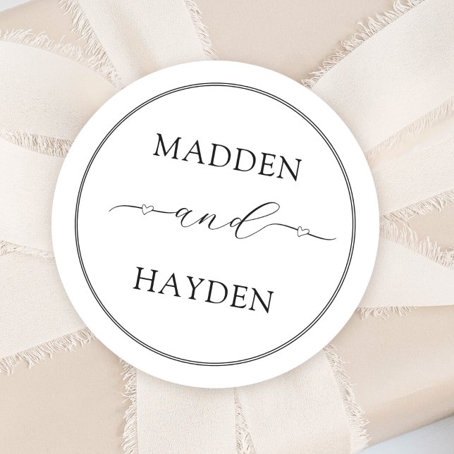 Elegant Names Hearts Script Calligraphy Wedding Classic Round Sticker (Creator Uploaded)