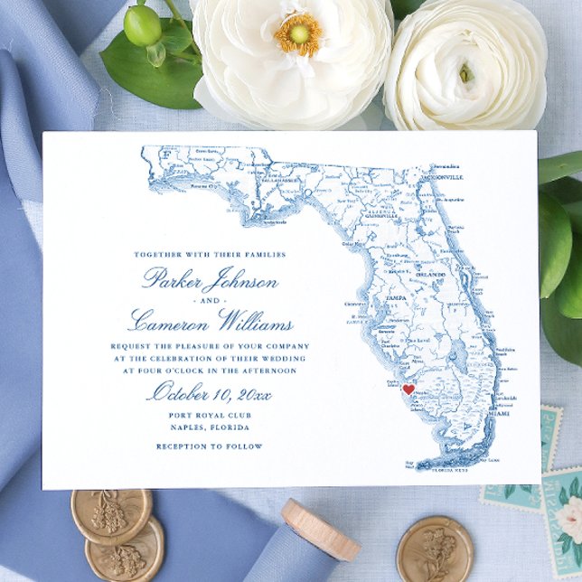 Elegant Naples Florida Map Wedding Invitation (Elegant navy blue Florida Map Wedding Invitations with heart over Naples by Coastal Map Designs.png)