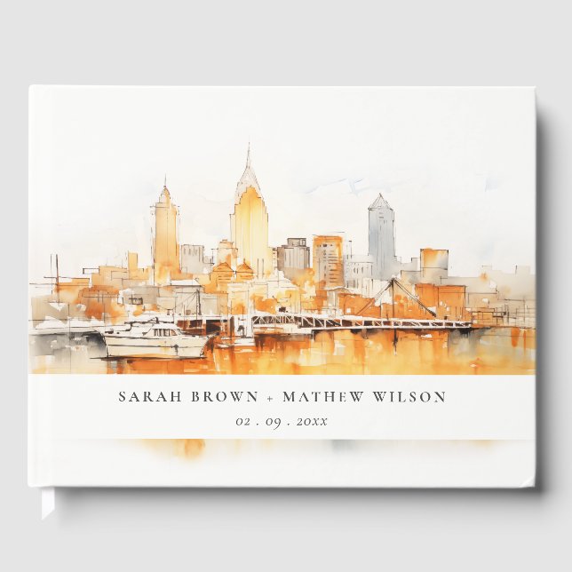 Elegant Nashville City Skyline Watercolor Wedding Guest Book (Front)