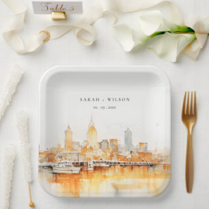Elegant Nashville City Skyline Watercolor Wedding Paper Plate