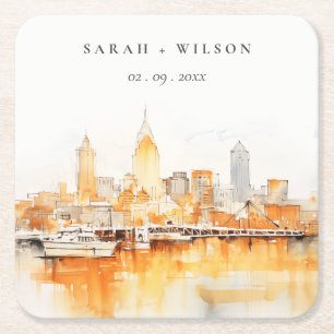 Elegant Nashville City Skyline Watercolor Wedding Square Paper Coaster