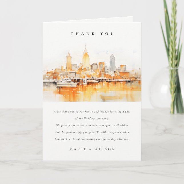 Elegant Nashville City Skyline Watercolor Wedding Thank You Card (Front)
