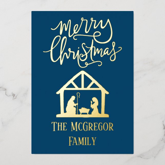 Elegant Nativity Christmas Family Name Blue Foil Holiday Card (Front)
