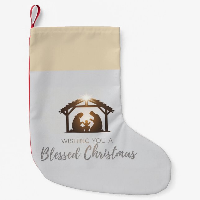 Elegant Nativity Scene Christmas Card  Small Christmas Stocking (Front)