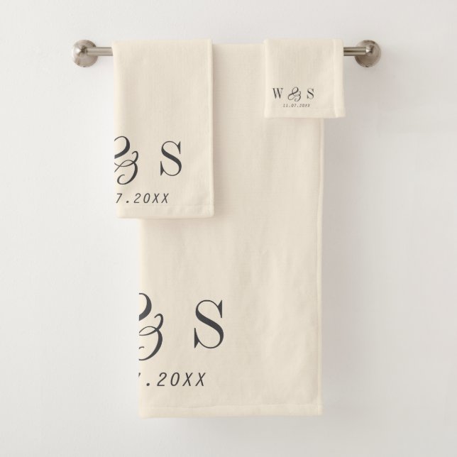Elegant natural cream initial wedding couples bath towel set (Insitu)